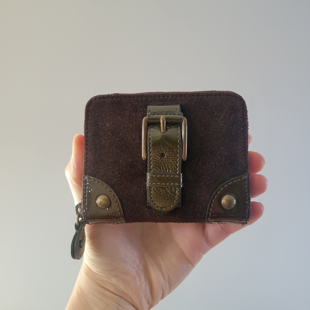 New J. Crew Mini Chocolate Brown Suede Leather Zip Around Bifold Wallet - Picture 2 of 5